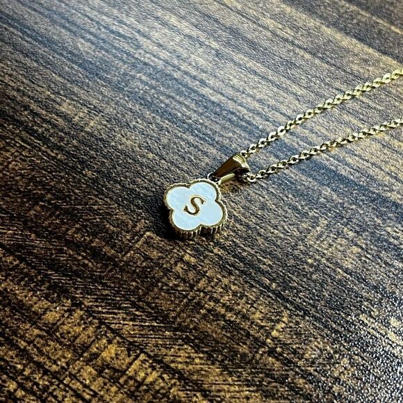 14K Gold Plated Stainless Steel Initial Necklaces “S” Four Leaf Clover Necklace - Picture 3 of 12